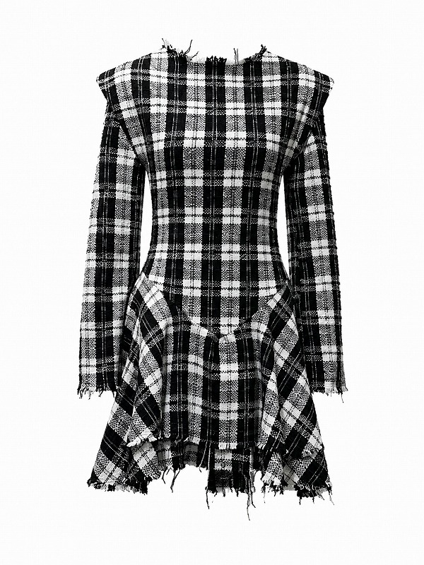 【新品DRESS 4343】チェックツイード裾フリンジパワーショルダーフレアミニドレス ブラック【asos】